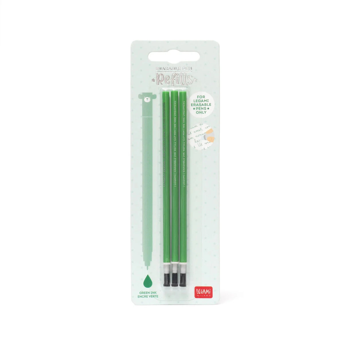 Set of 3 Refills for Erasable Gel Pens - Green Ink - Erasable Pen LEGAMI Refill
